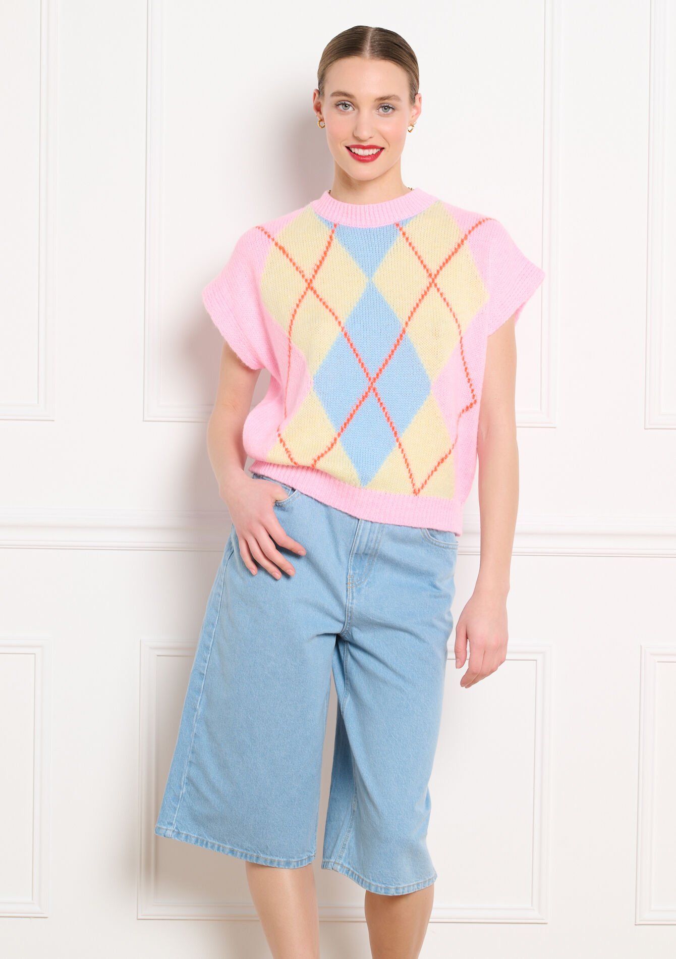 Korte mouwen trui met ruitmotief - LIGHT PINK - 04007294_1303