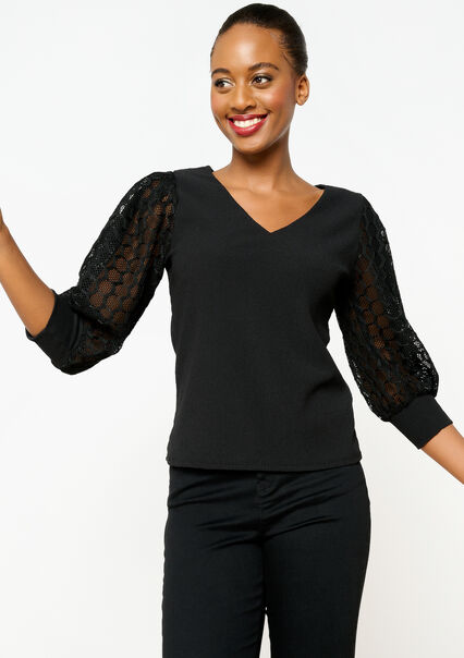 T-shirt with lace sleeves - BLACK - 02301526_1119