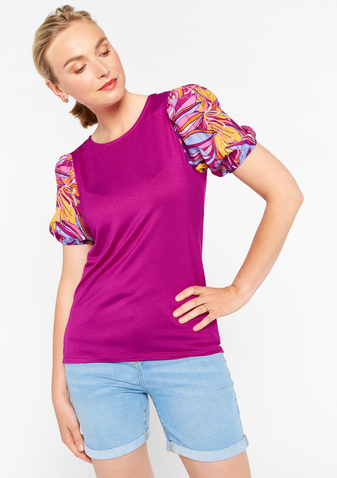 T-shirt with balloon sleeves, T-shirt with balloon sleeves - VIOLINE - 1080402