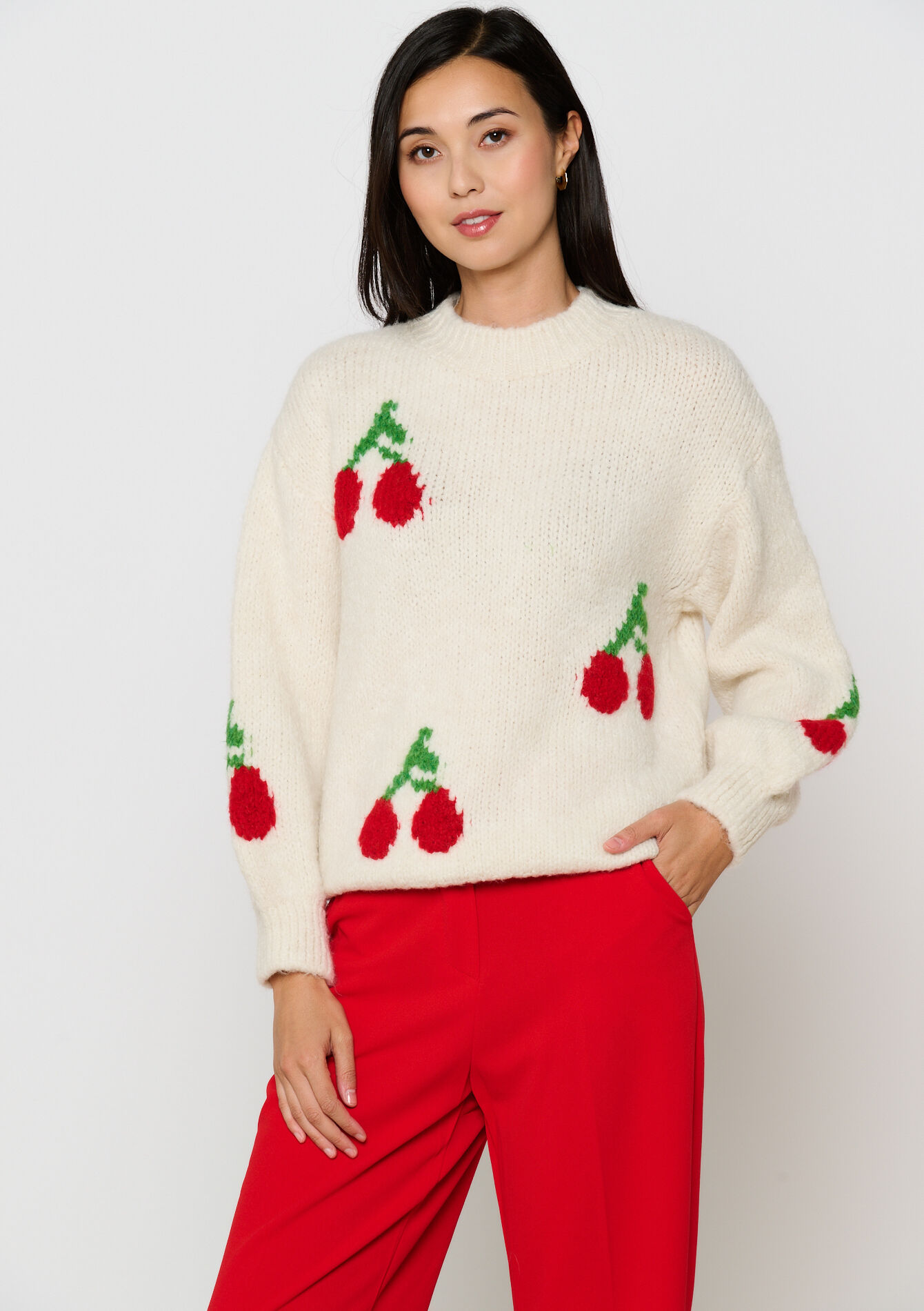 Pullover en jacquard avec cerises, Pullover en jacquard avec cerises - VANILLA WHITE - 04006693_1013
