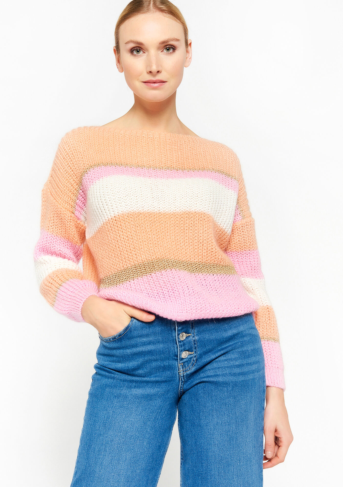 Knitted pullover with colour block - PASTEL PEACH - 04006122_1974