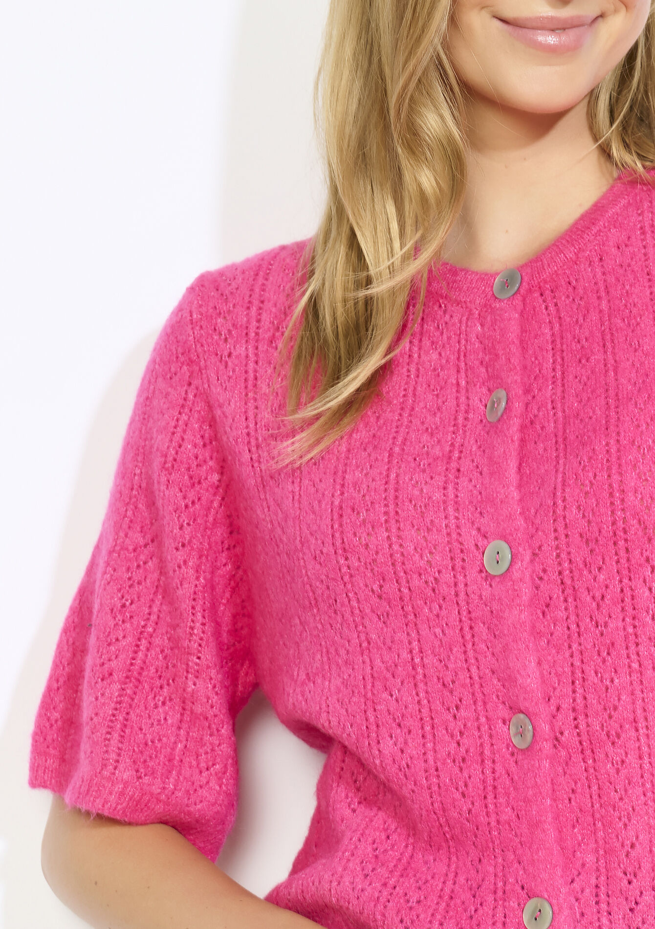 Openwork short-sleeve cardigan, Openwork short-sleeve cardigan - FLUO PINK - 04101335_5727