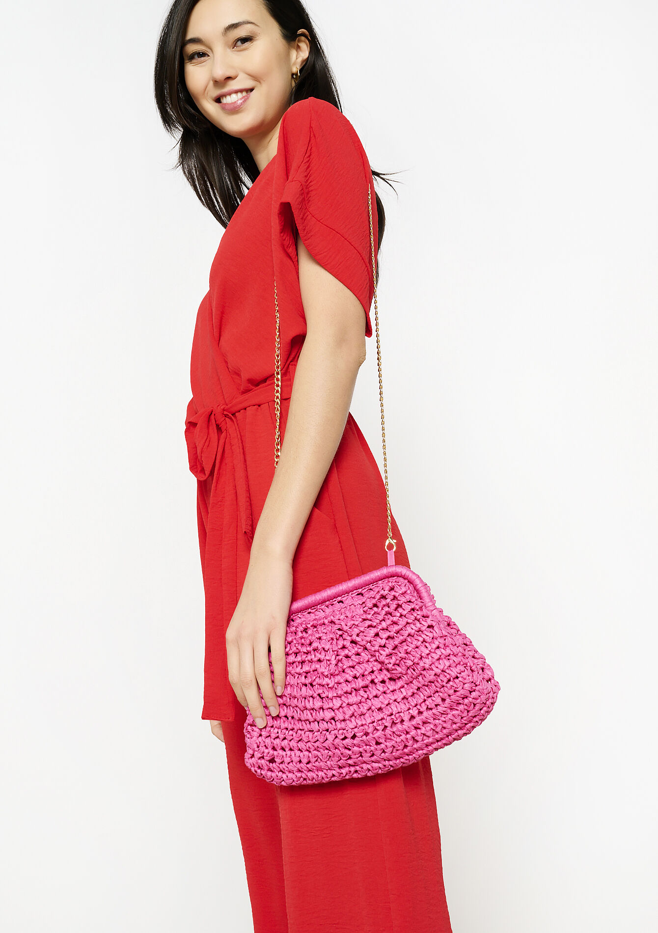 Gevlochten stro clutch, Gevlochten stro clutch - FUCHSIA PINK - 14001879_2518