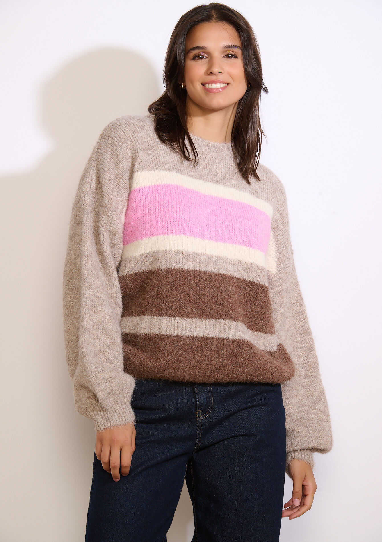 Pull doux à rayures, Pull doux à rayures - TAUPE - 04007074