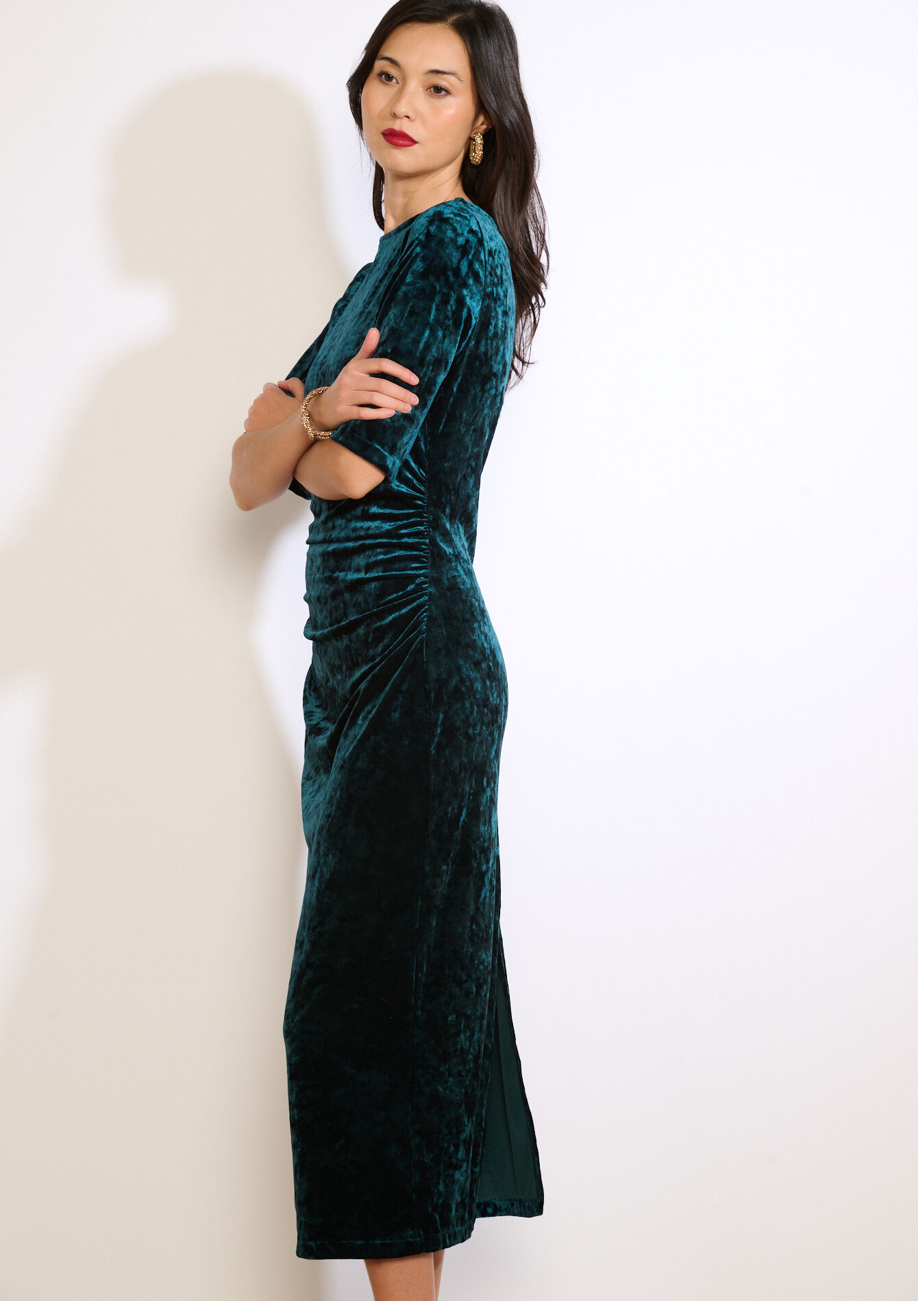 Robe midi drapée en velours - BOTTLE GREEN - 08104350_1778