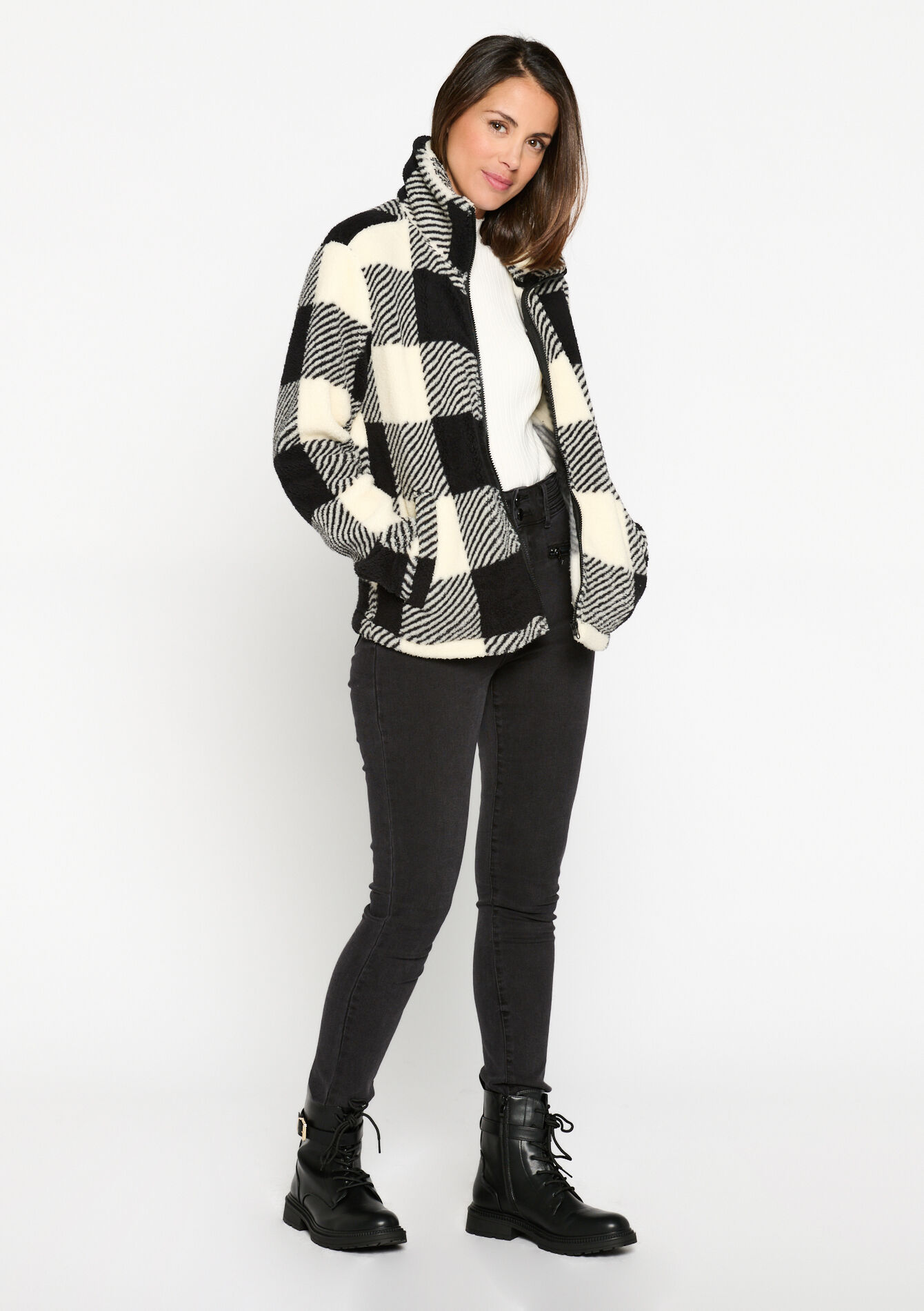 Checked jacket with zip fastening, Checked jacket with zip fastening - VANILLA WHITE - 15100219_1013