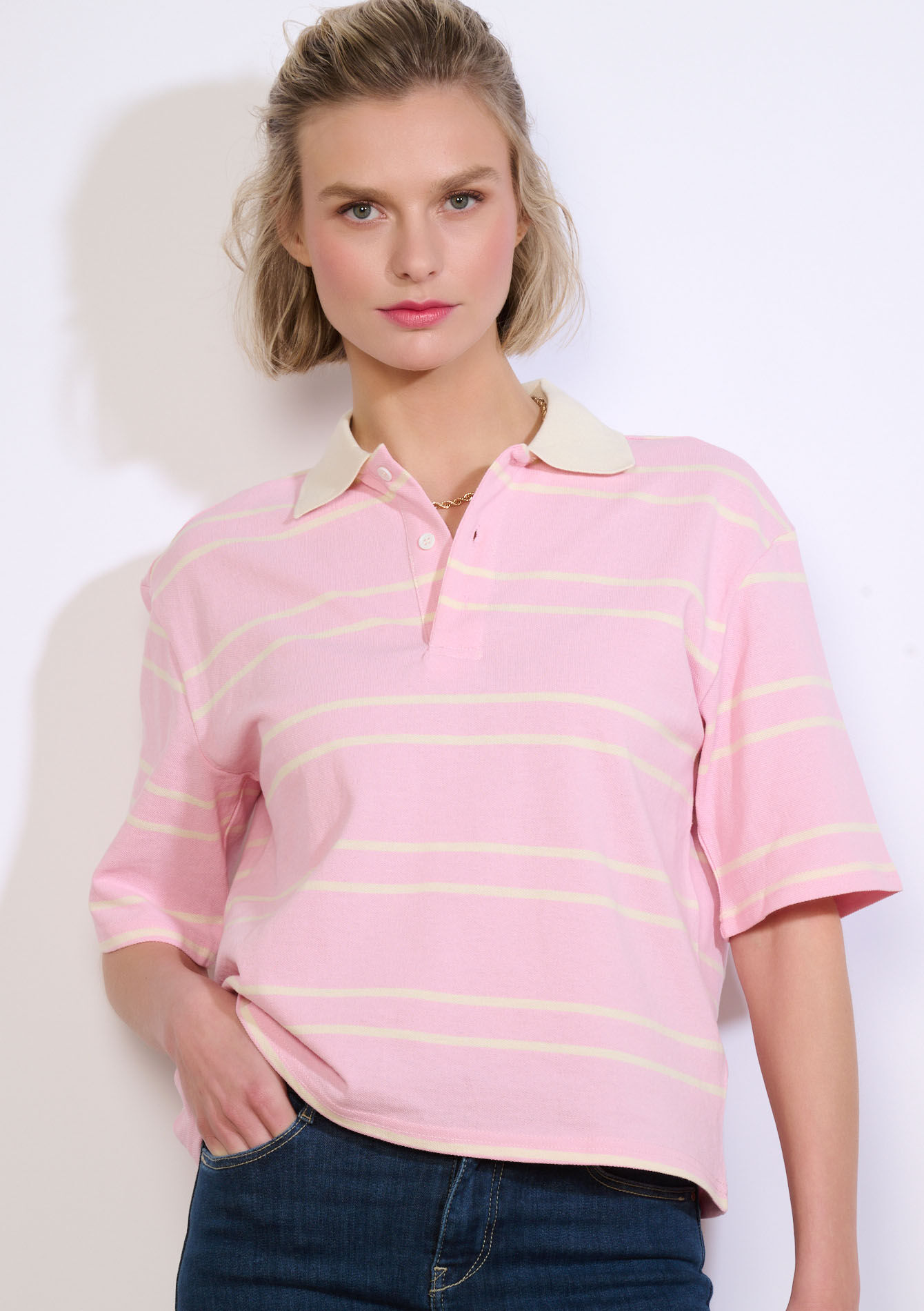 Polo rayé manches courtes - VANILLA WHITE - 02301991