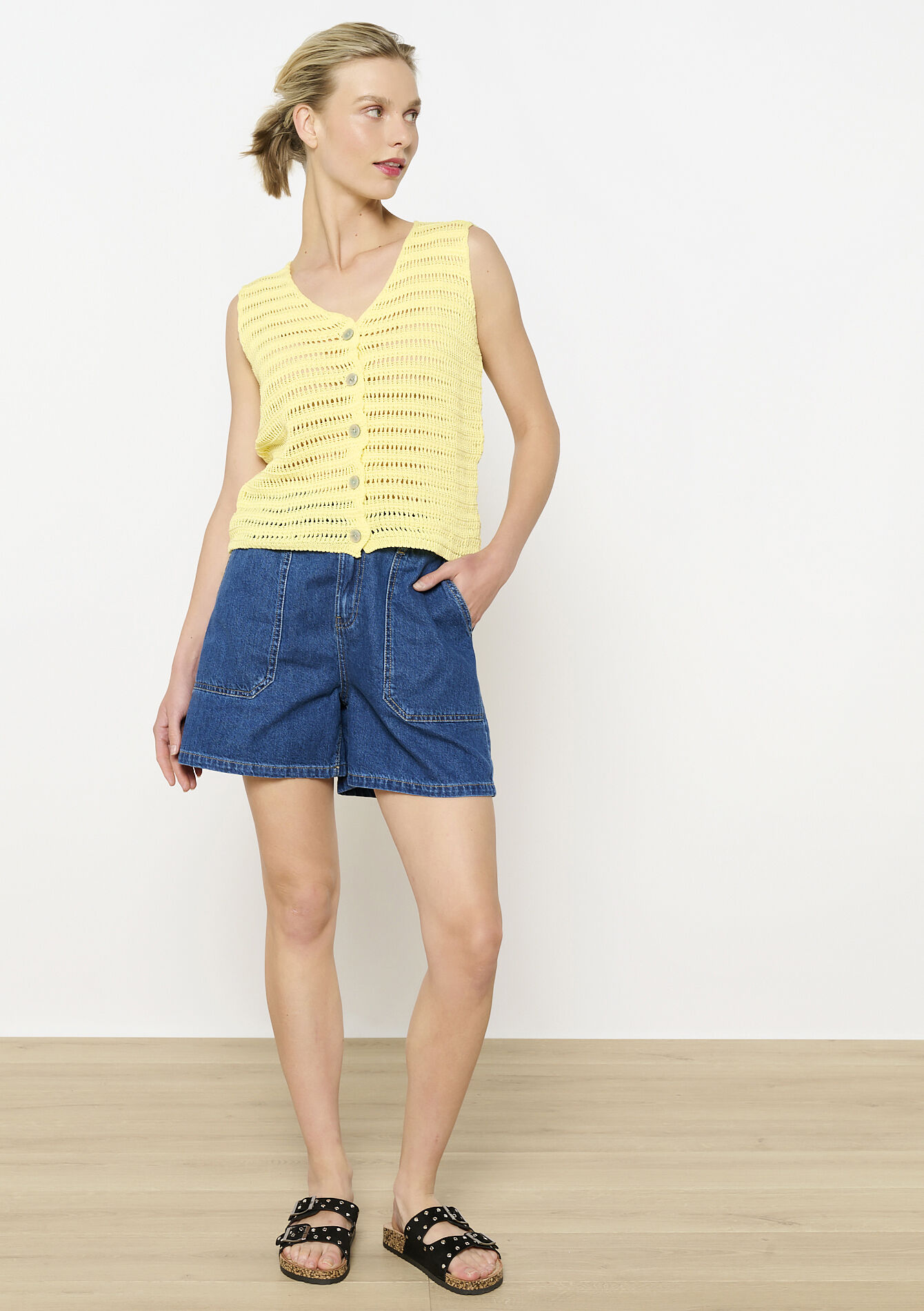 Mouwloos gehaakt gilet - YELLOW PASTEL - 02200497_5004