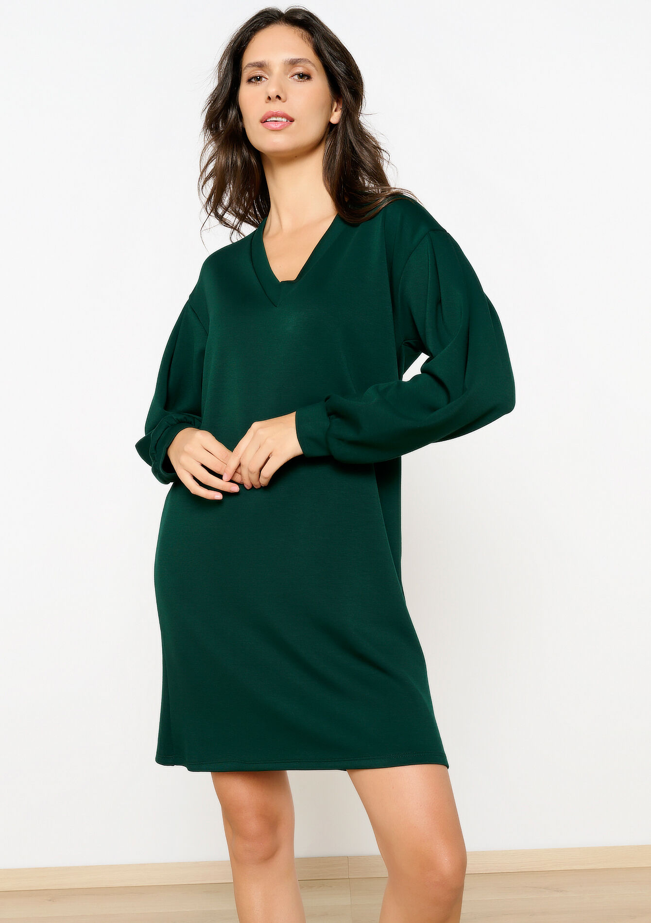 Robe sweat à col V, Robe sweat à col V - BOTTLE GREEN - 08103896_1778