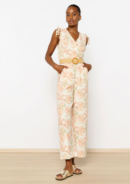 Linen jumpsuit with leaf print - OFFWHITE - 06004473_1001
