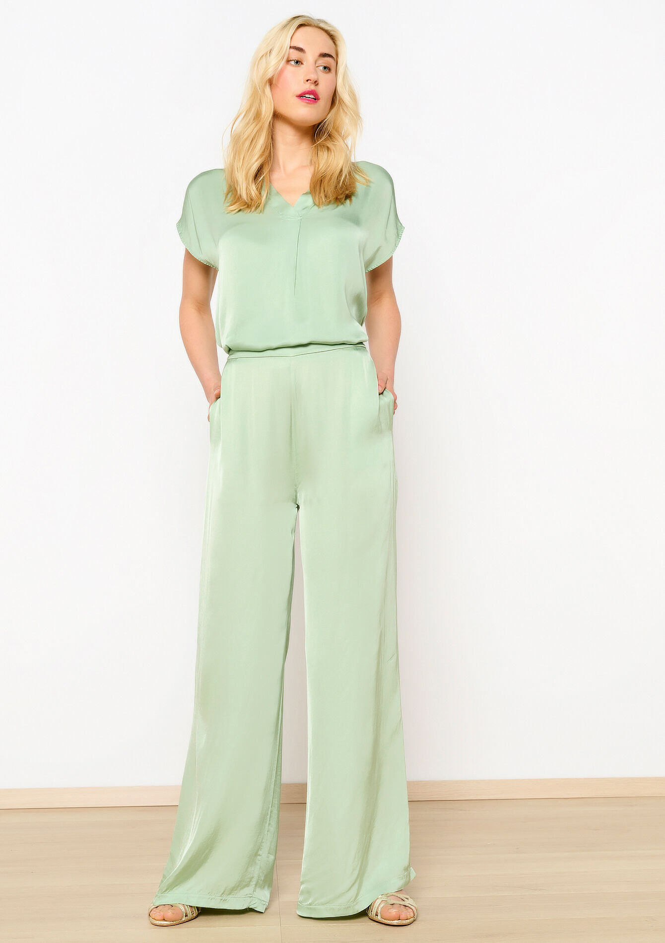 Pantalon extra large look en soie, Pantalon extra large look en soie - MINT GREEN - 06600854_1723