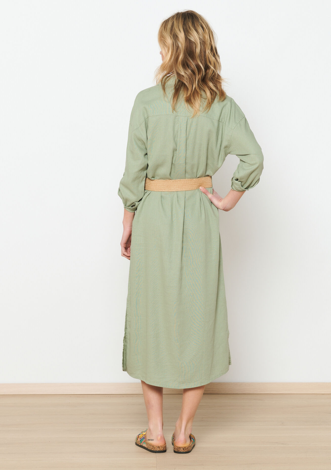 Linen shirt dress with belt - KHAKI FADED - 08602218_4326