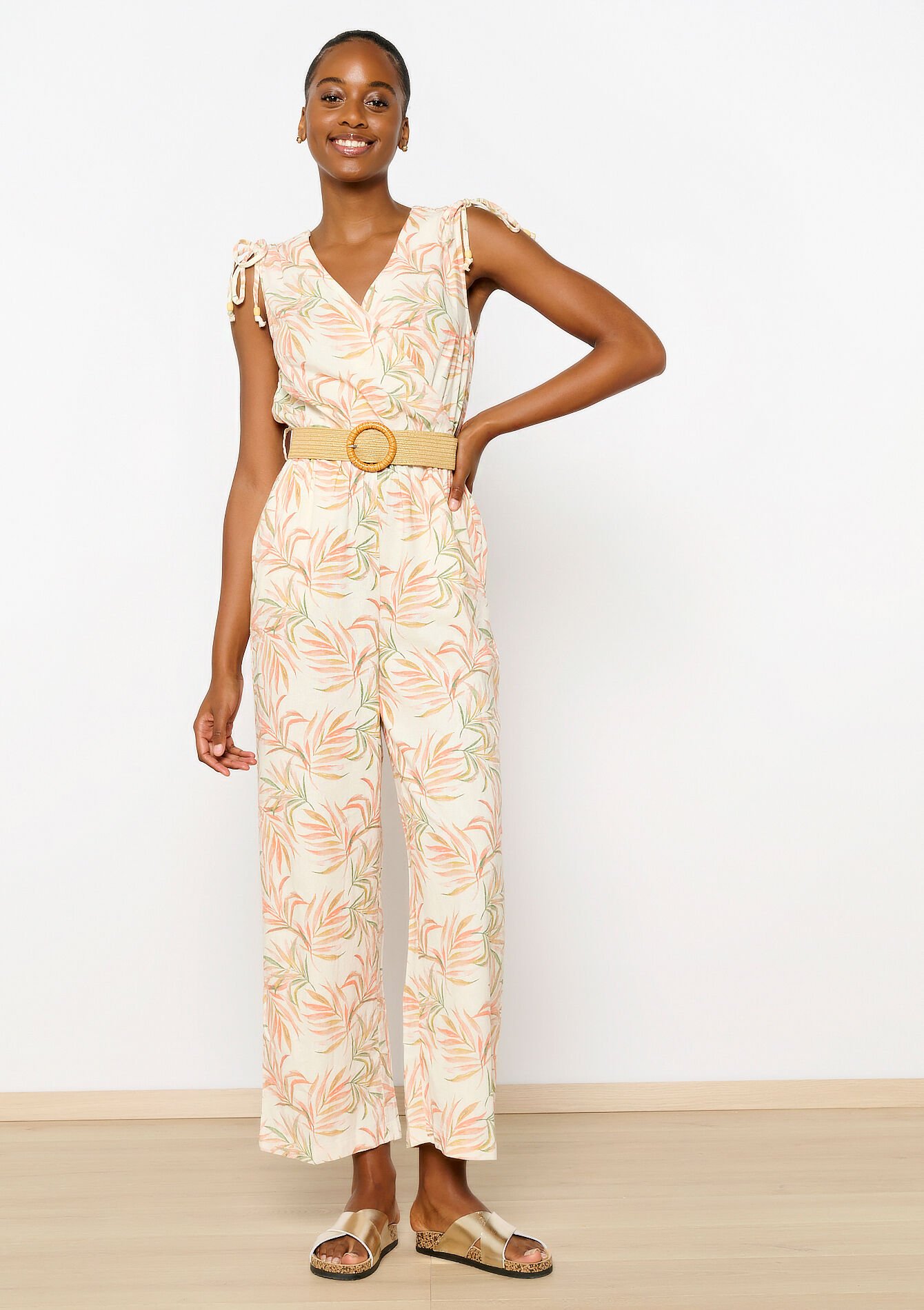Linen jumpsuit with leaf print - OFFWHITE - 06004473_1001