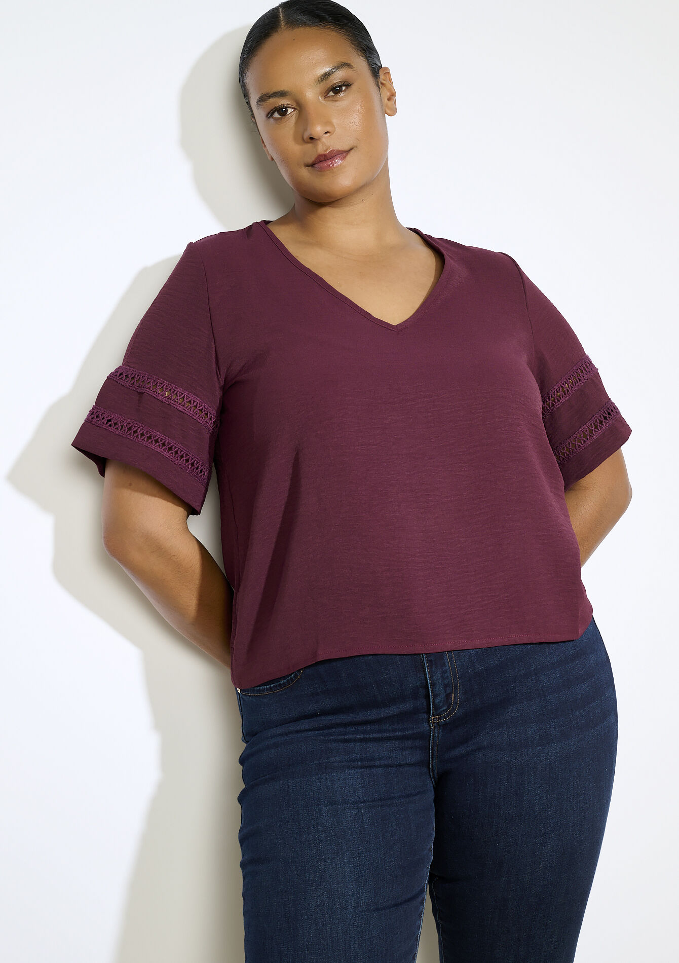 Blouse met opengewerkte mouwen, Blouse met opengewerkte mouwen - AUBERGINE - 05702919_1537