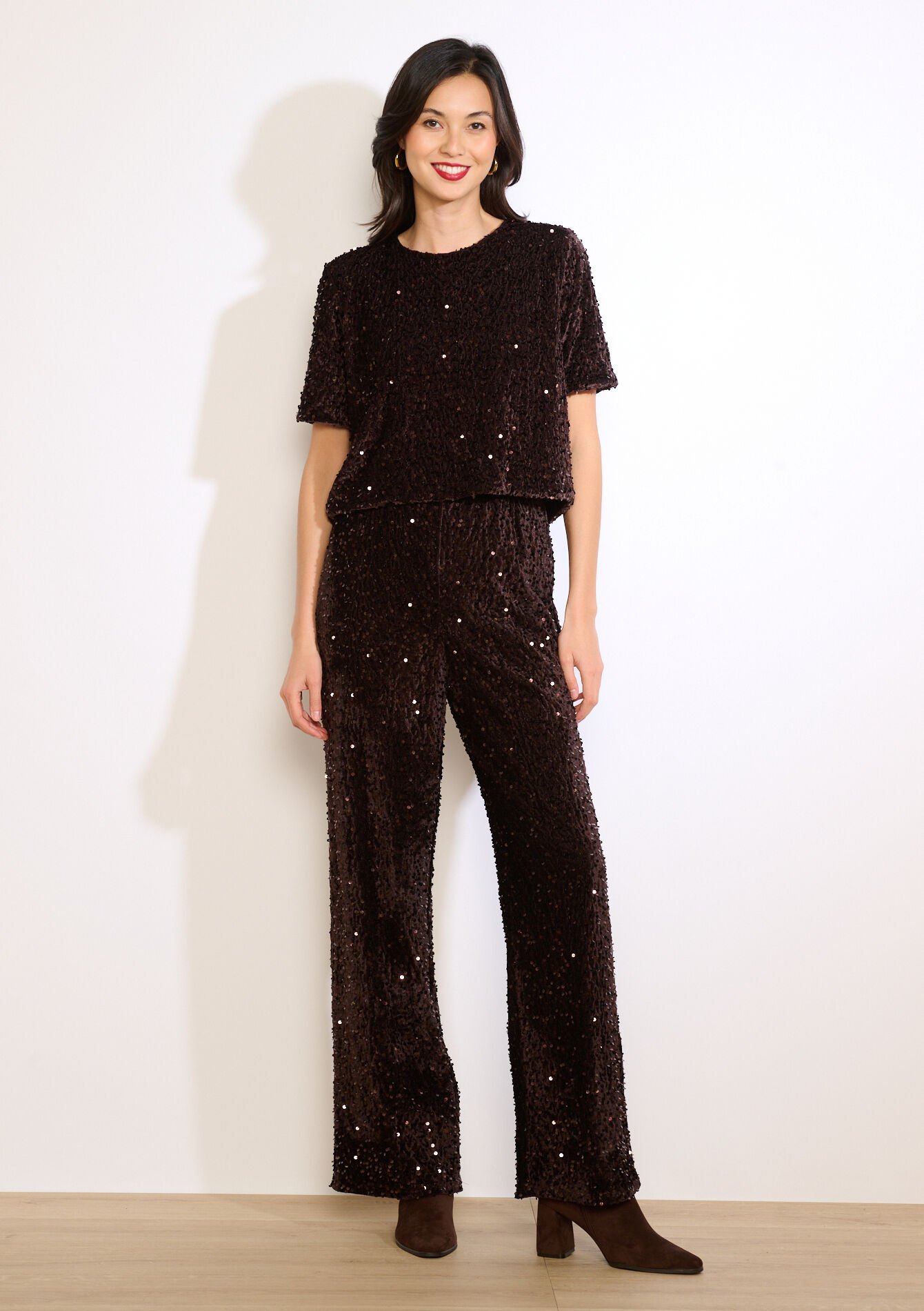 Fluwelen paillettenbroek - BROWN DARK CHOCOLATE - 06601083_3720