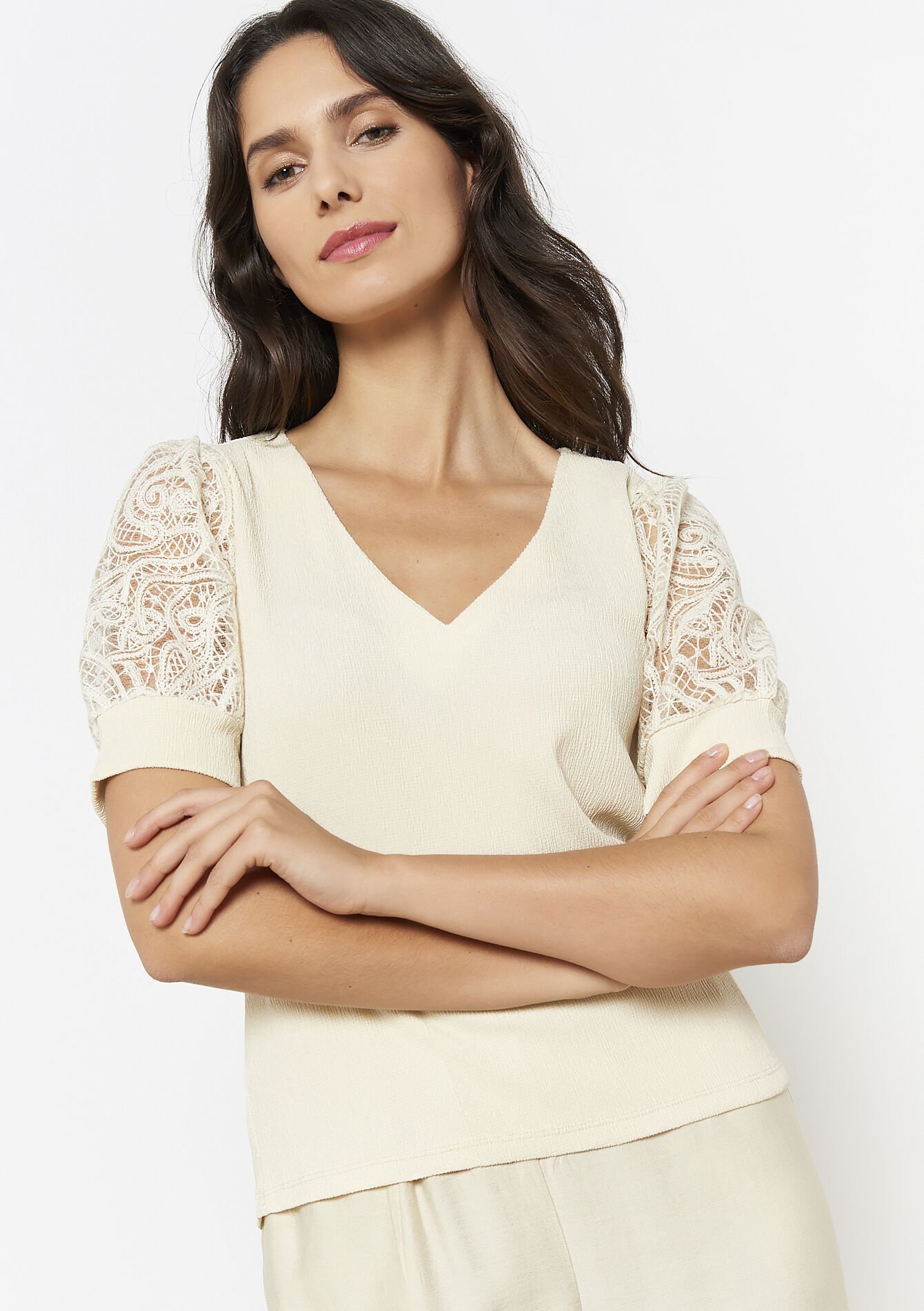 Top met kanten mouwen, Top met kanten mouwen - OFFWHITE - 02301808_1001