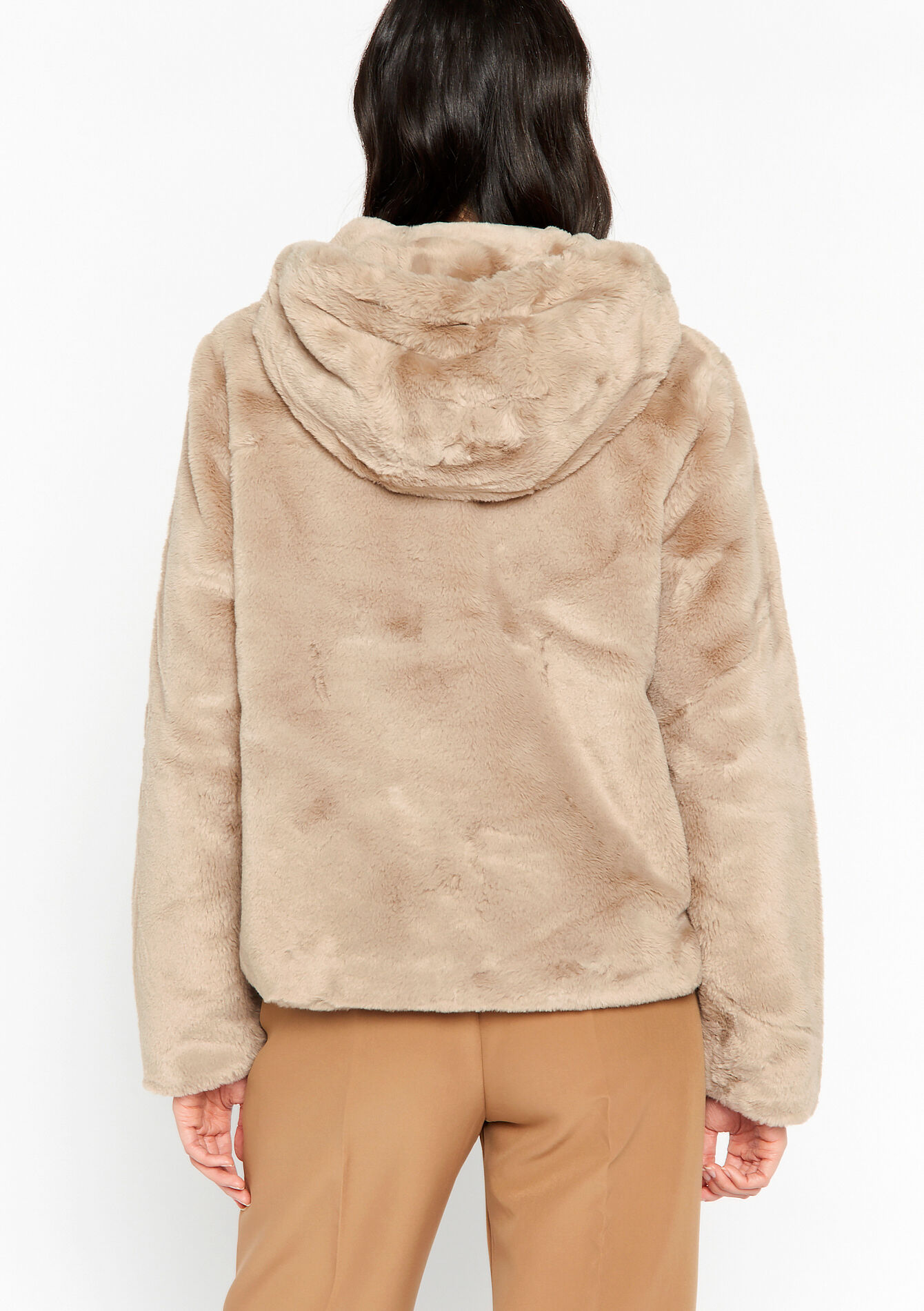 Faux fur jas met capuchon - LIGHT TAUPE - 23000594_2572