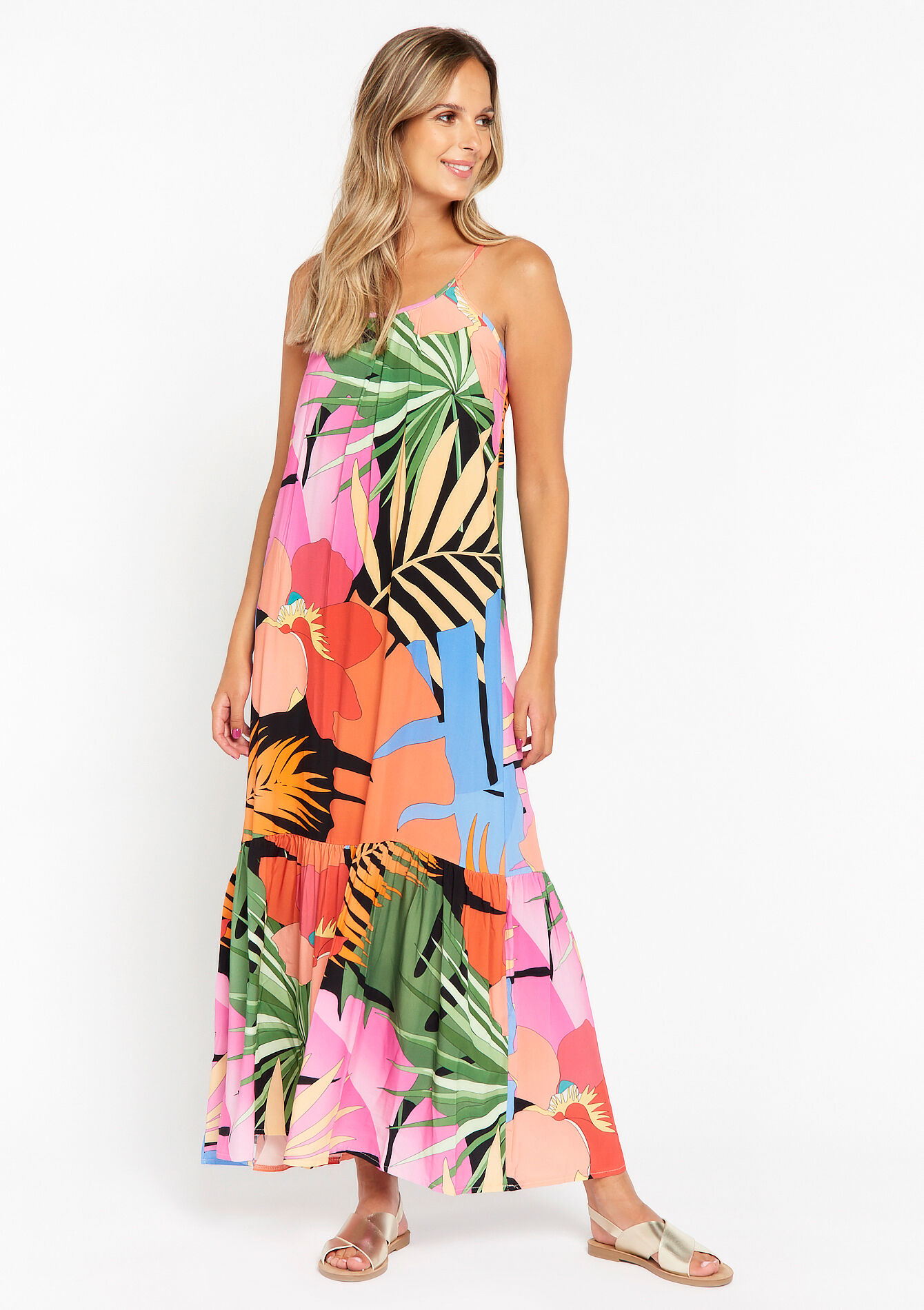 A-line dress with palm leaves, A-line dress with palm leaves - ORANGE BRIGHT - 08602107_1255