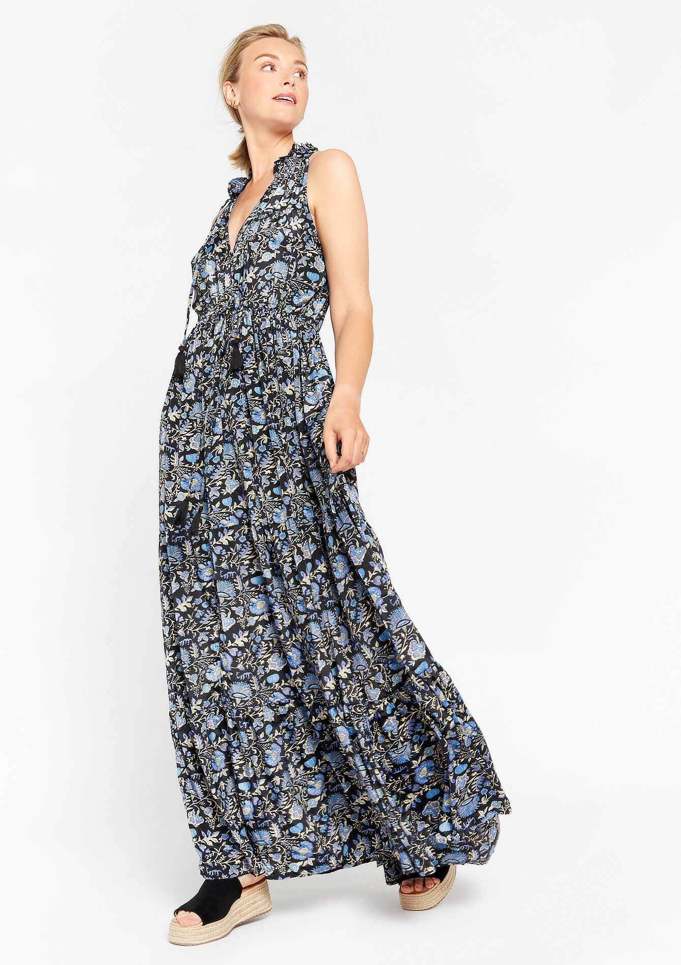 Mouwloze maxi-jurk met bloemenprint, Mouwloze maxi-jurk met bloemenprint - BLUE FAIENCE - 08601889_1584