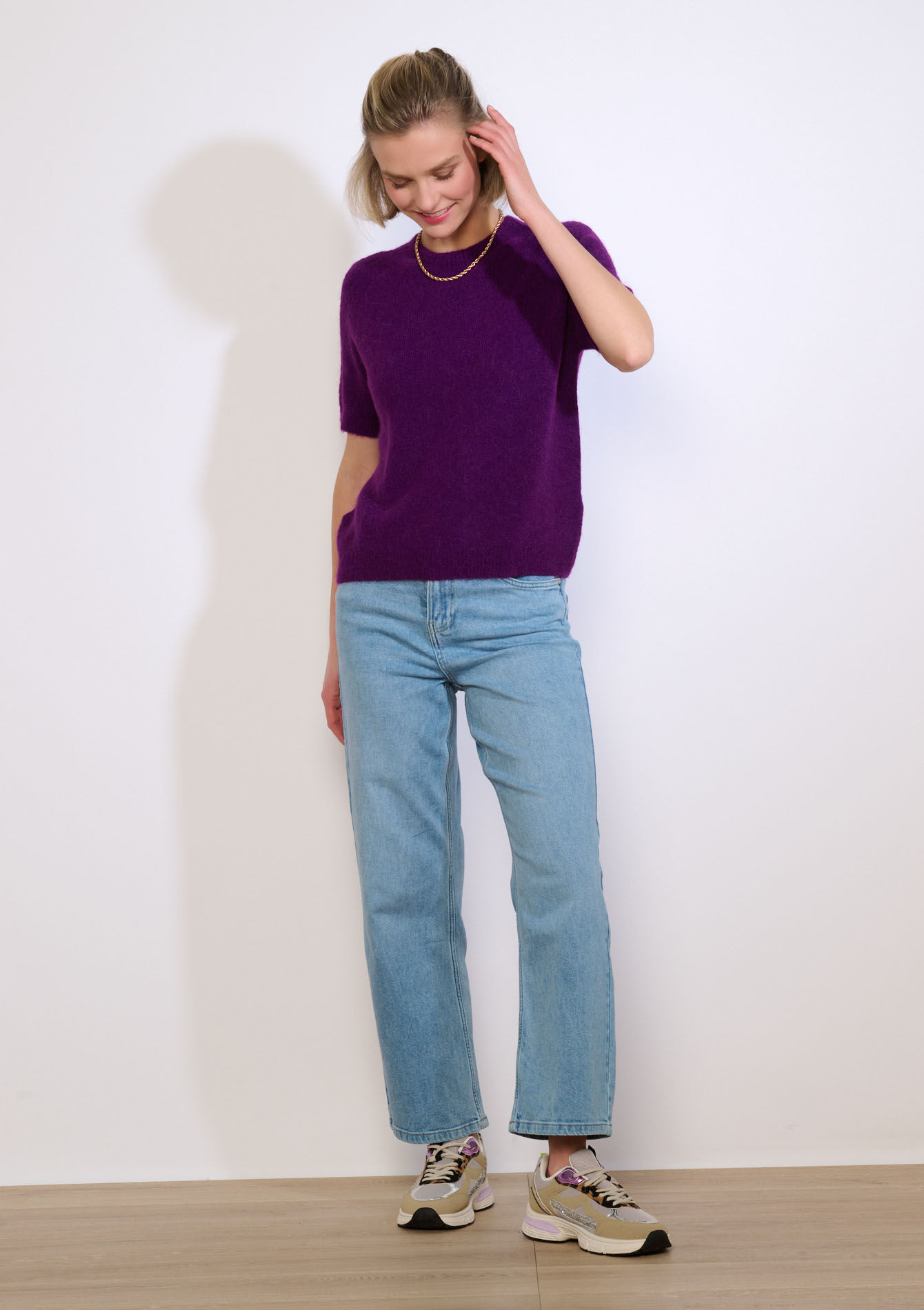 Gebreide trui met korte mouw - PURPLE - 04007206_5902