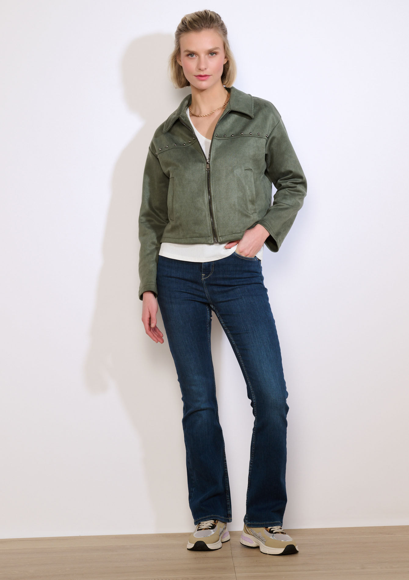 Studded suede zip jacket - KHAKI MED - 09101192_4327