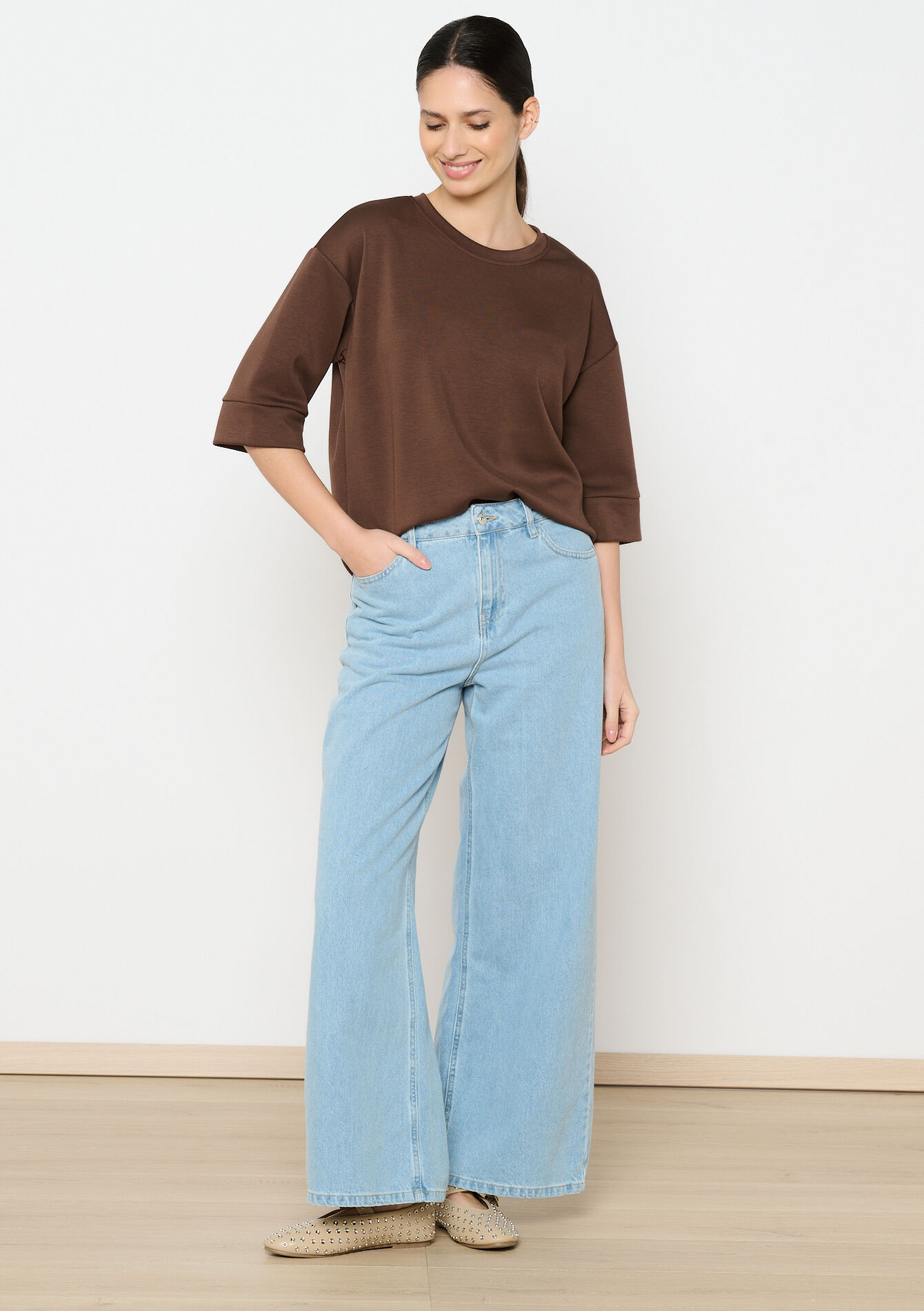 Sweater met halflange mouwen, Sweater met halflange mouwen - CHOCOLATE - 03001773_3715