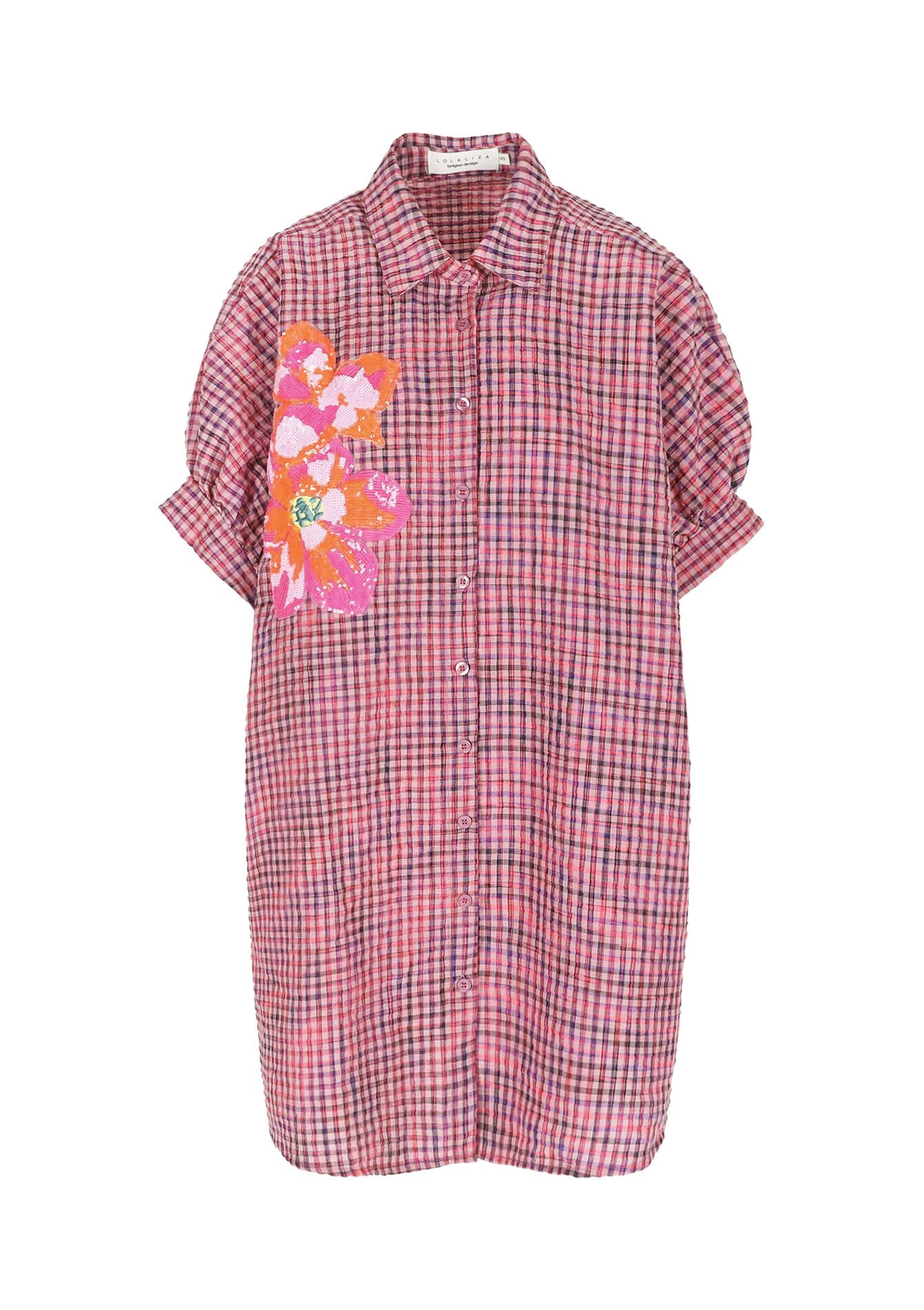 Gingham short shirt dress, Gingham short shirt dress - PINK BUBBLEGUM - 08104449_1477