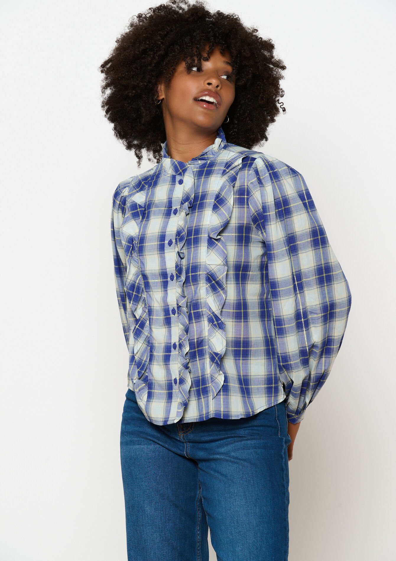 Chemise à carreaux avec volants - BLUE COBALT - 05702498_2925