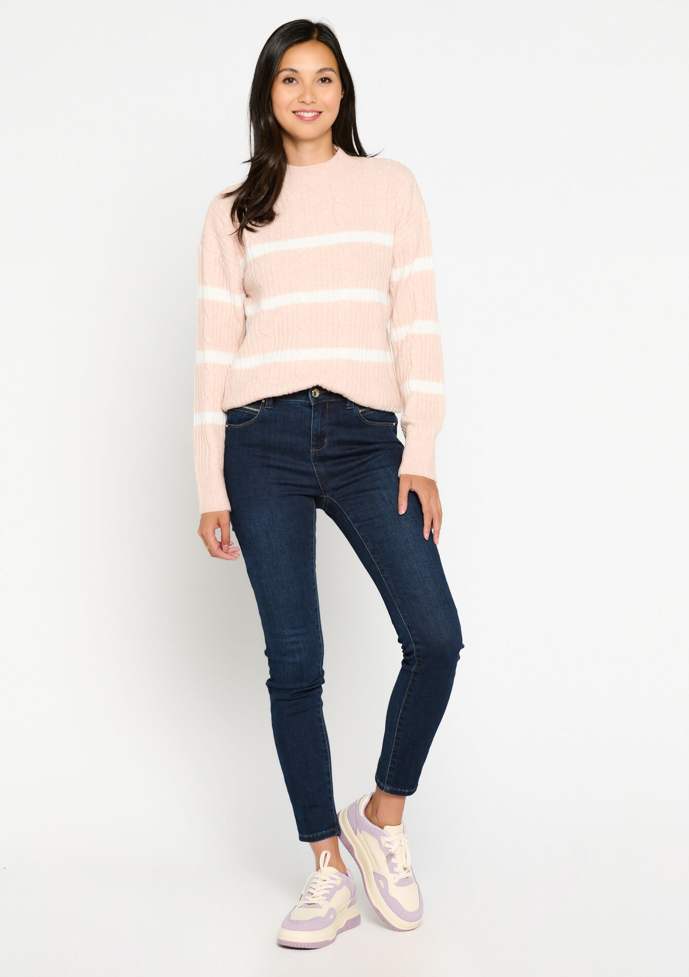 Kabelgebreide trui met strepen, Kabelgebreide trui met strepen - NUDE LOTUS - 04006160_4118