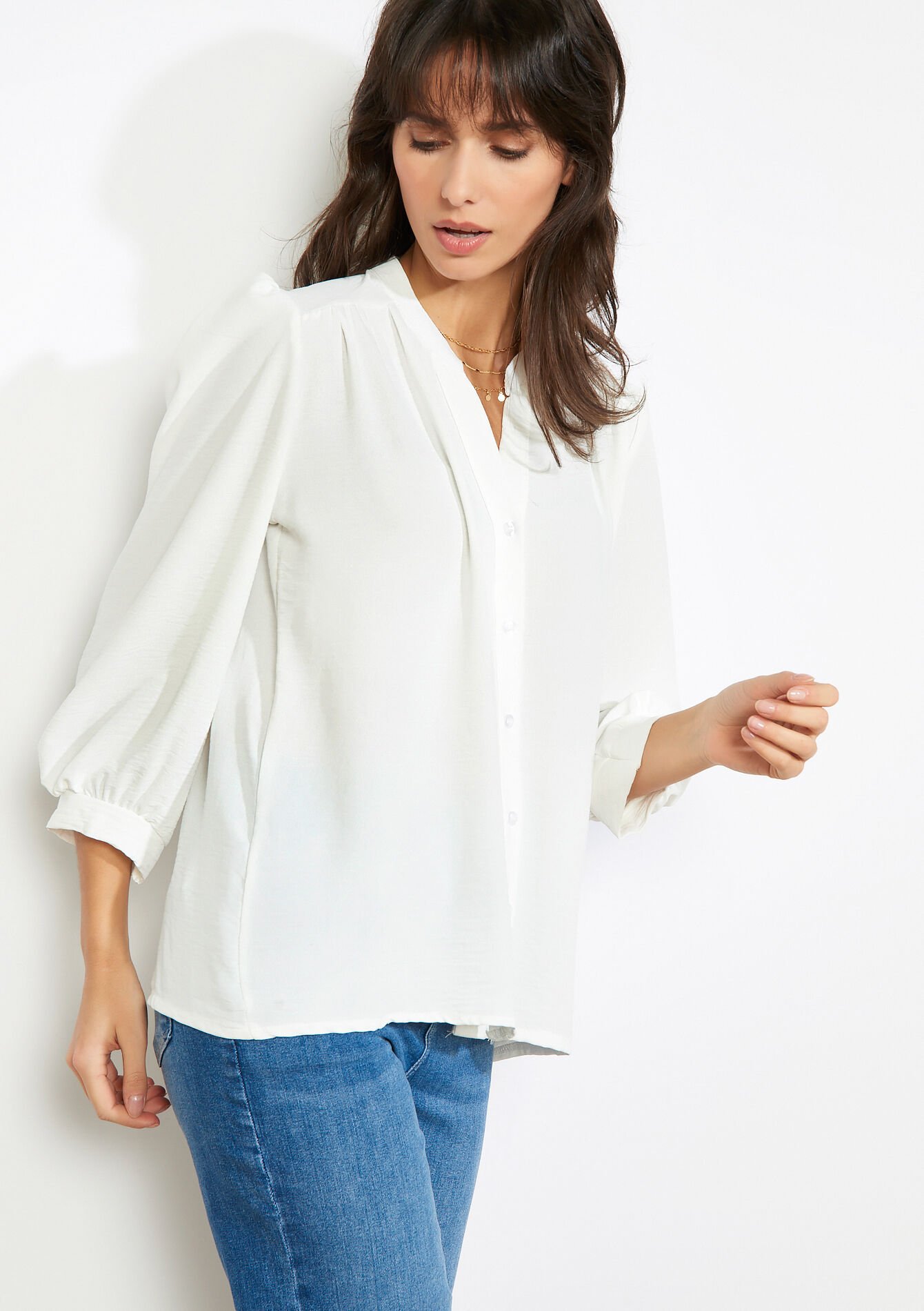 Vloeiende blouse met V-hals, Vloeiende blouse met V-hals - OPTICAL WHITE - 05703042_1019