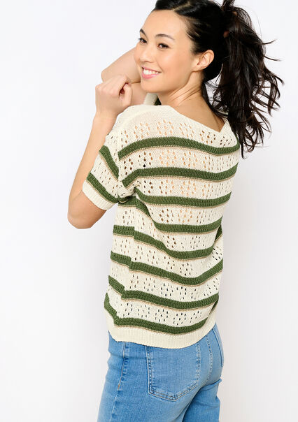 Crocheted pullover with stripes - KHAKI MED - 04006499_4327