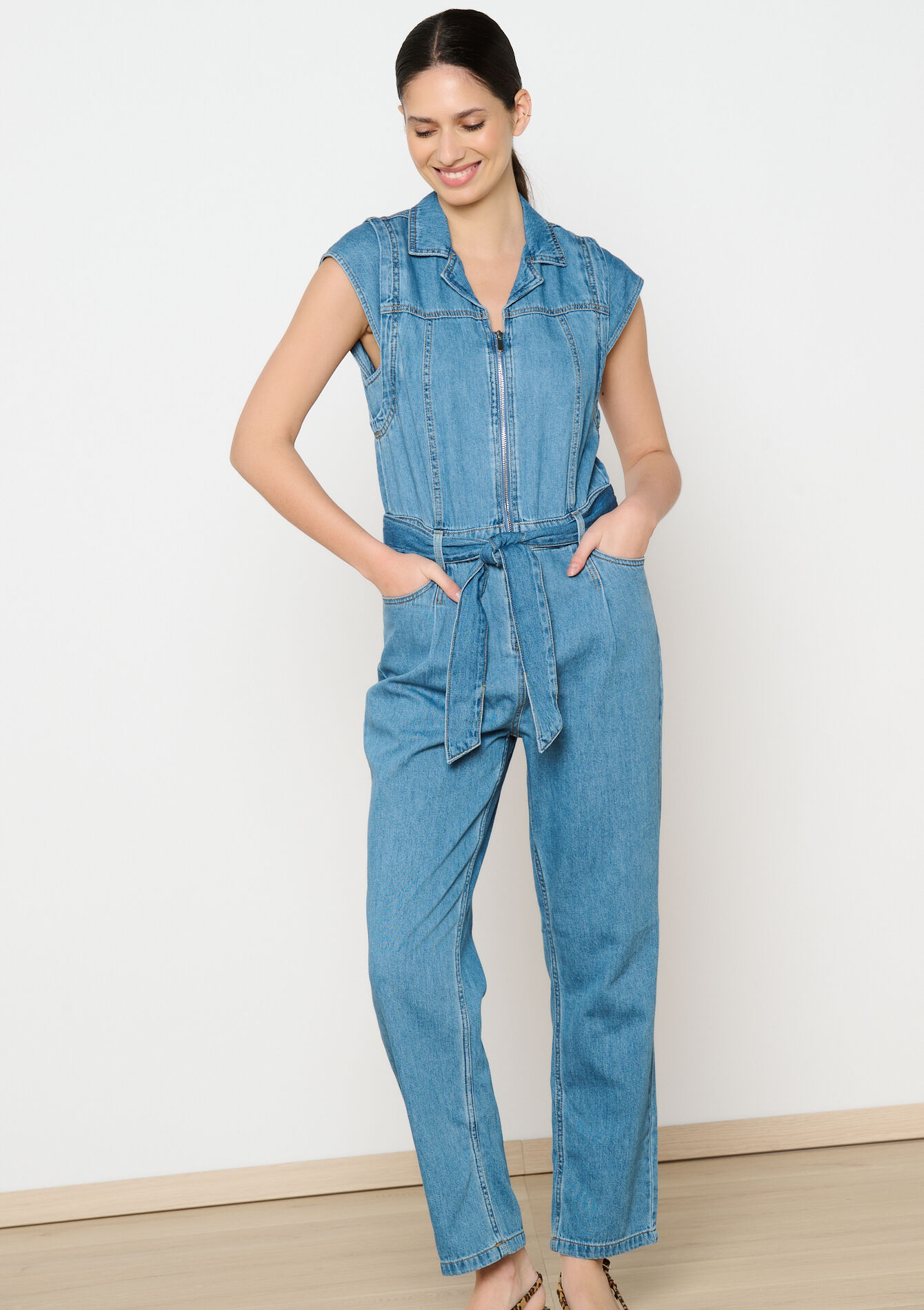 Sleeveless denim jumpsuit, Sleeveless denim jumpsuit - MEDIUM BLUE - 1114726