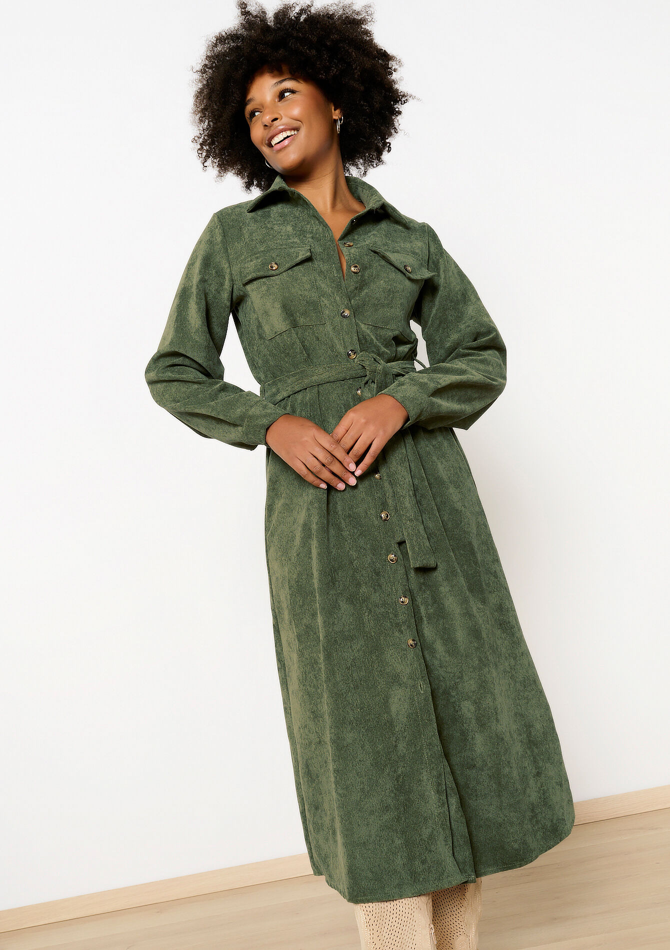 Corduroy shirt dress, Corduroy shirt dress - KHAKI MILD - 08103875_4318