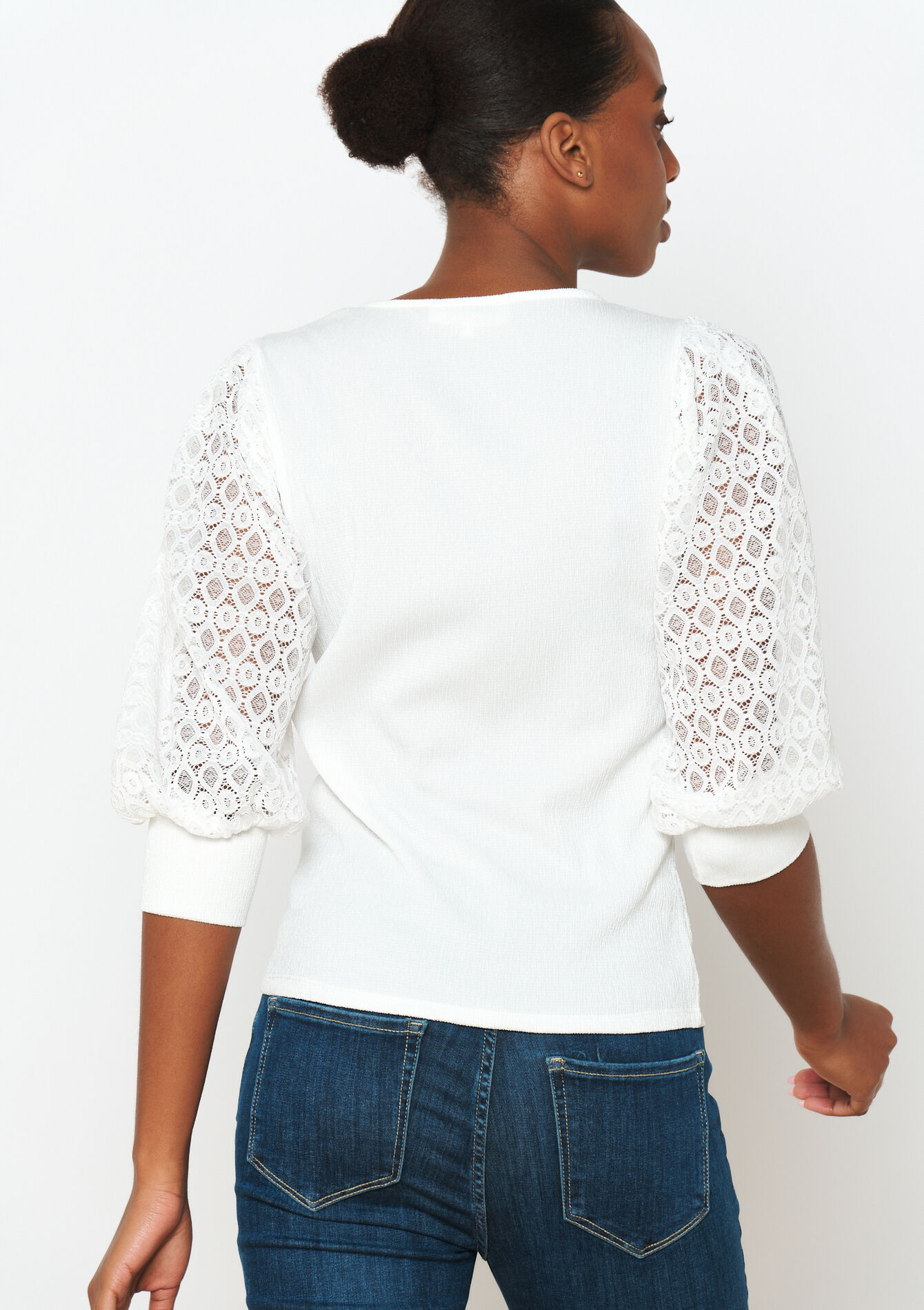 T-shirt met kanten mouwen - OFFWHITE - 02301535_1001