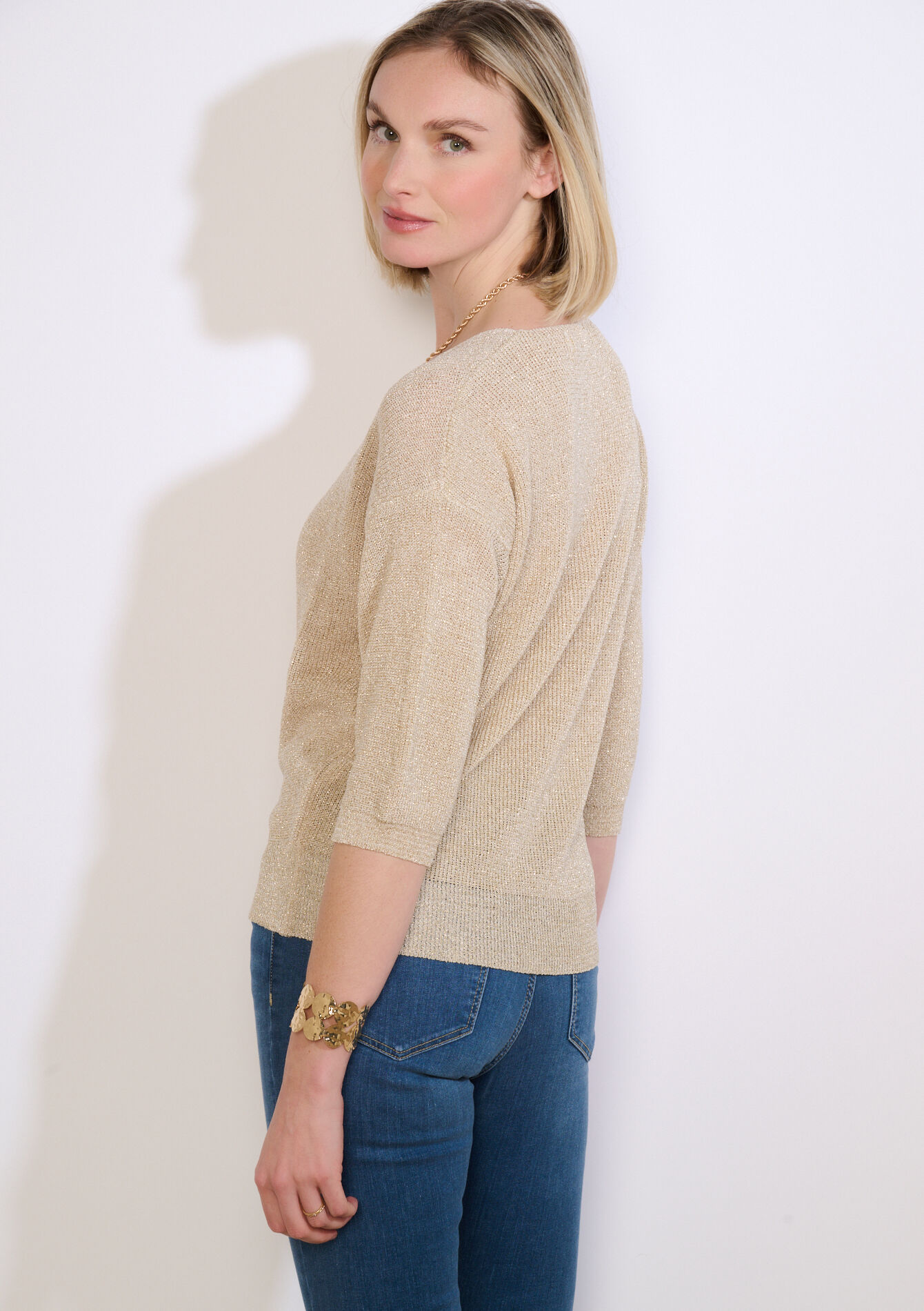 Lurex trui met v-hals - CHAMPAGNE SAND - 04007208_4007