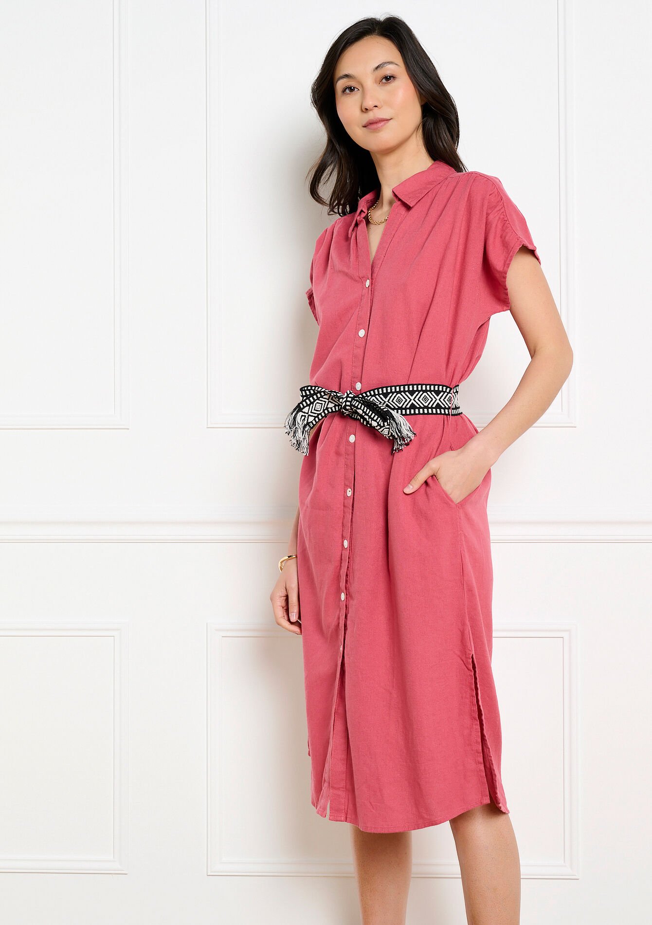 Robe chemise midi boutonnée - COSMETIC PINK - 08104317_5733