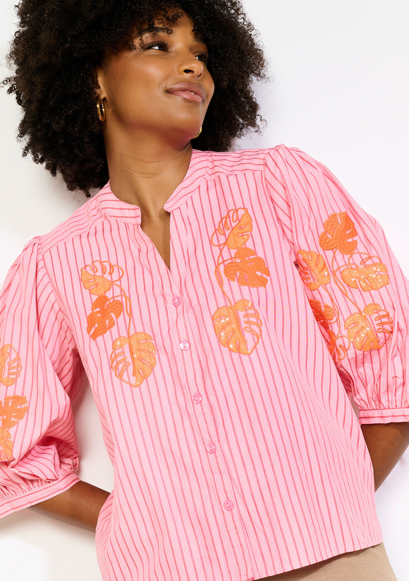 Blouse à rayures brodée - CORAL PINK - 05703038_1968