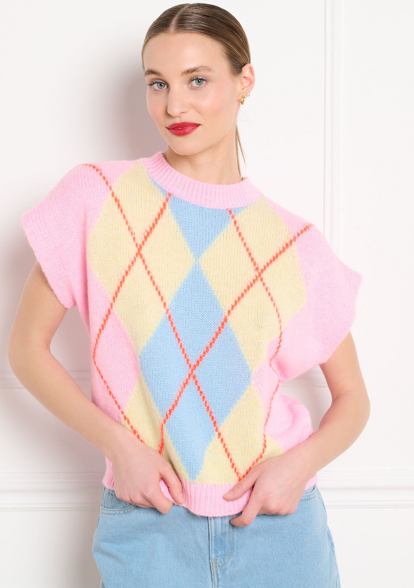 Korte mouwen trui met ruitmotief - LIGHT PINK - 04007294_1303