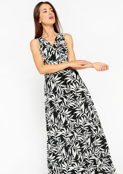 Maxi dress with leaf print - BLACK - 08602161_1119