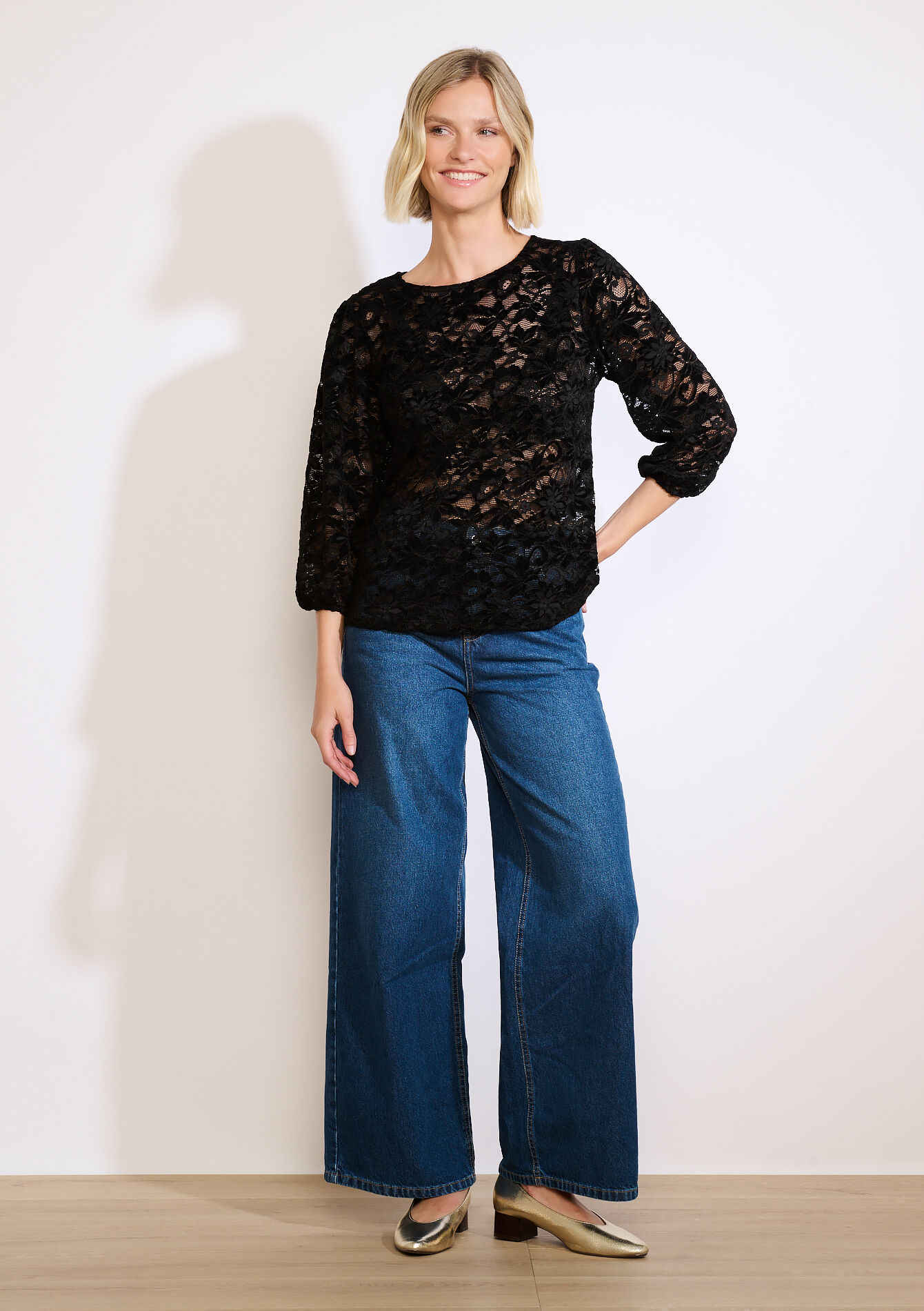 Haut dentelle manche 3/4, Haut dentelle manche 3/4 - BLACK - 02301923_1119