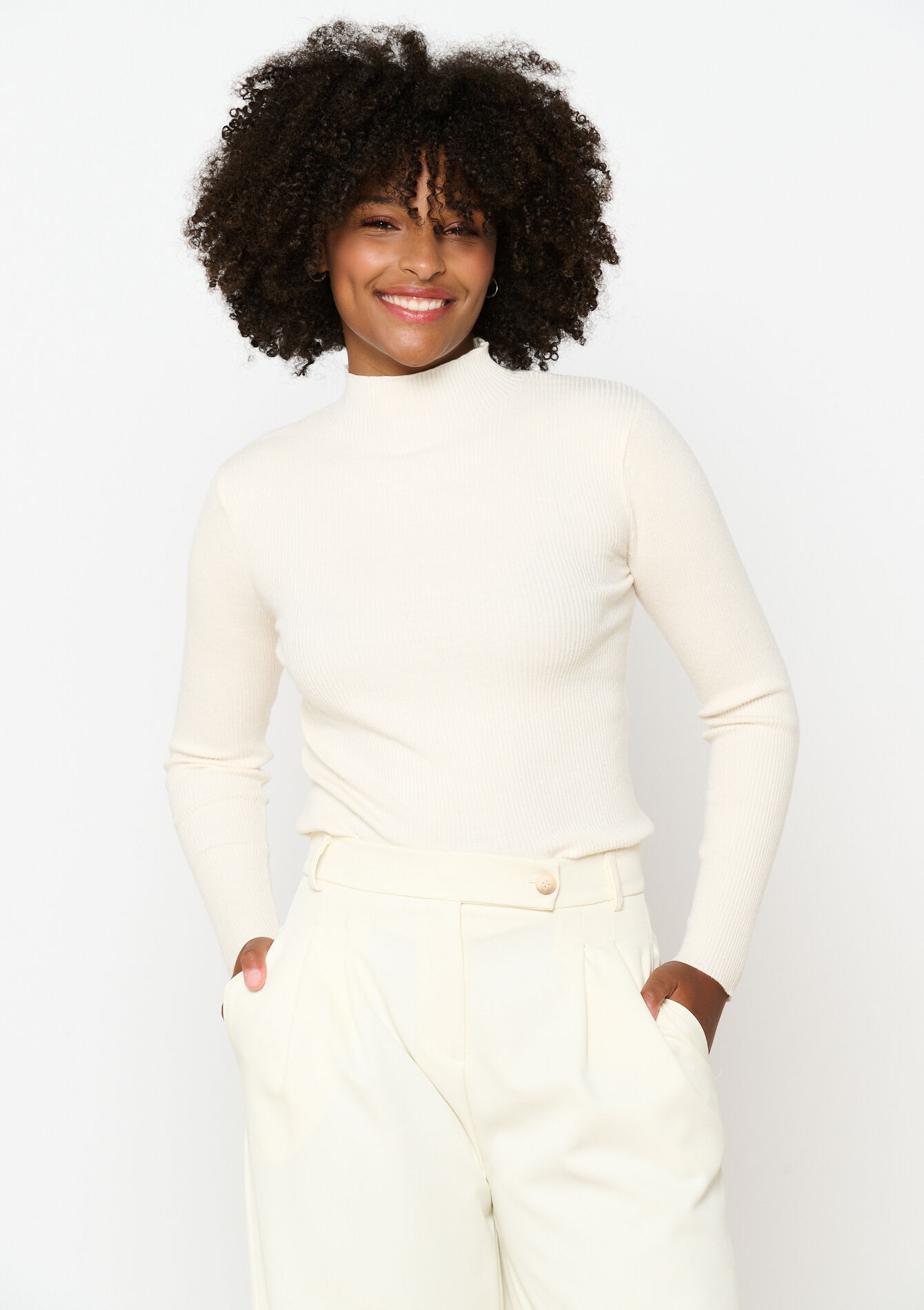 Ribbed sweater with mock neck, Ribbed sweater with mock neck - VANILLA WHITE - 04006510_1013