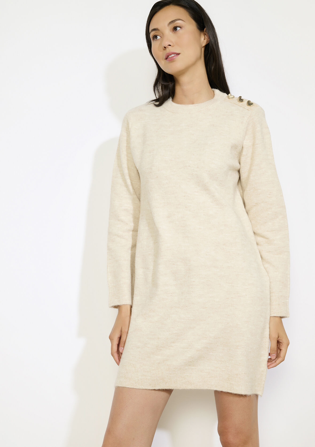 Robe pull à boutons coeur, Robe pull à boutons coeur - LT BEIGE - 08104033_2527