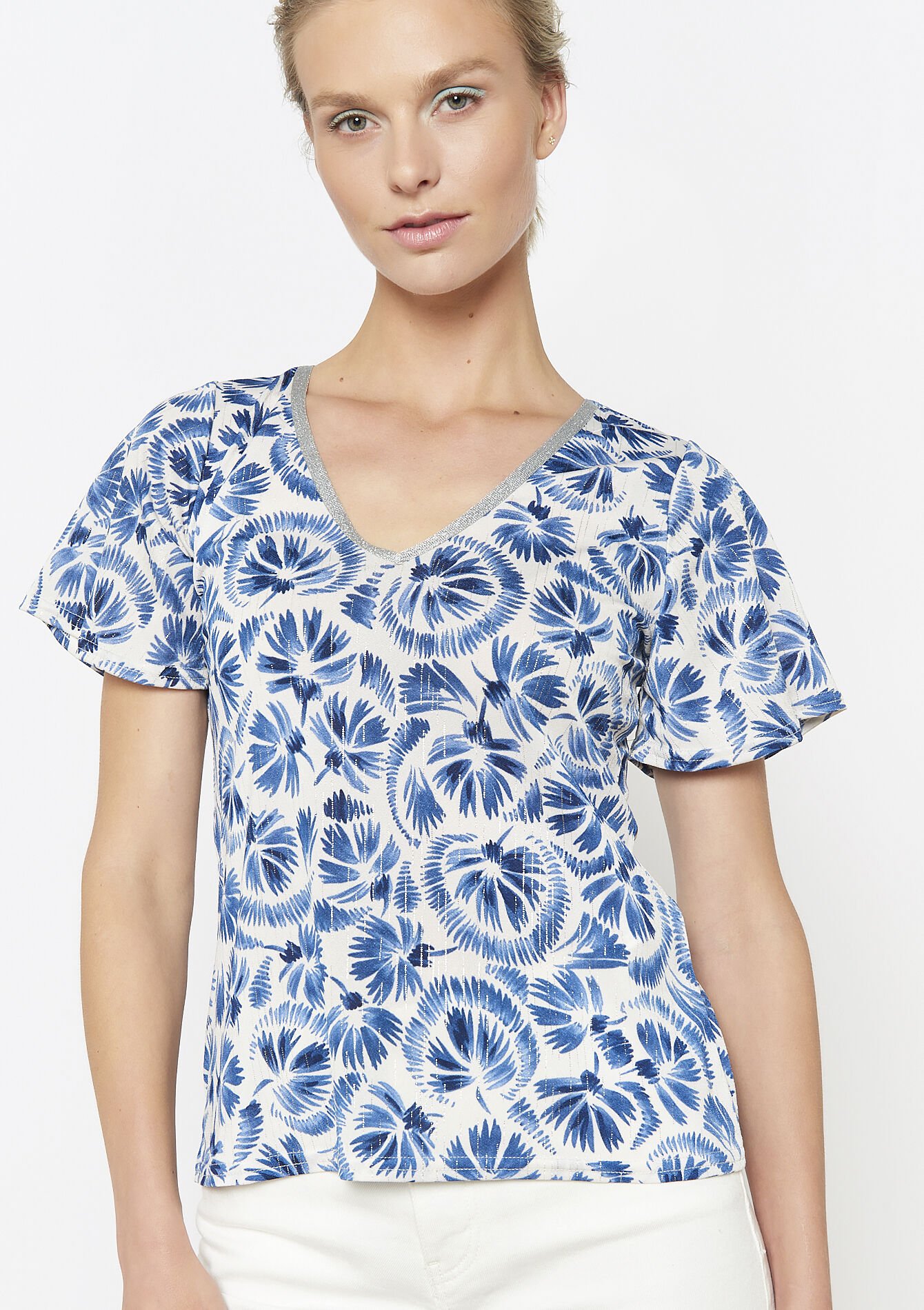 T-shirt met palmbladprint, T-shirt met palmbladprint - BLUE FAIENCE - 02301812_1584