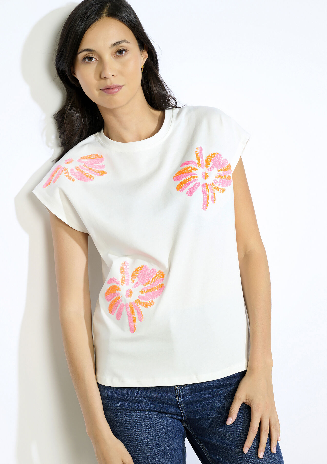 T-shirt imprimé pailleté, T-shirt imprimé pailleté - OFFWHITE - 02301906