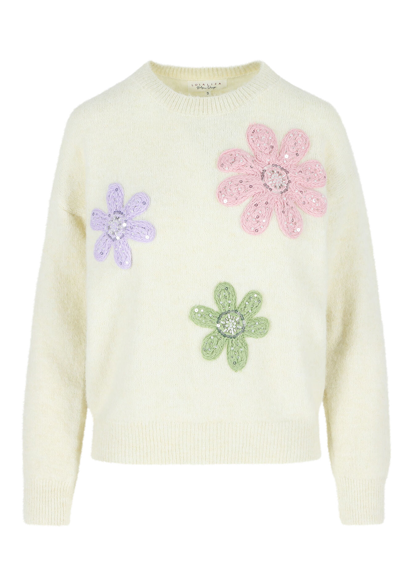 Pullover with stitched flowers - VANILLA WHITE - 04006618_1013