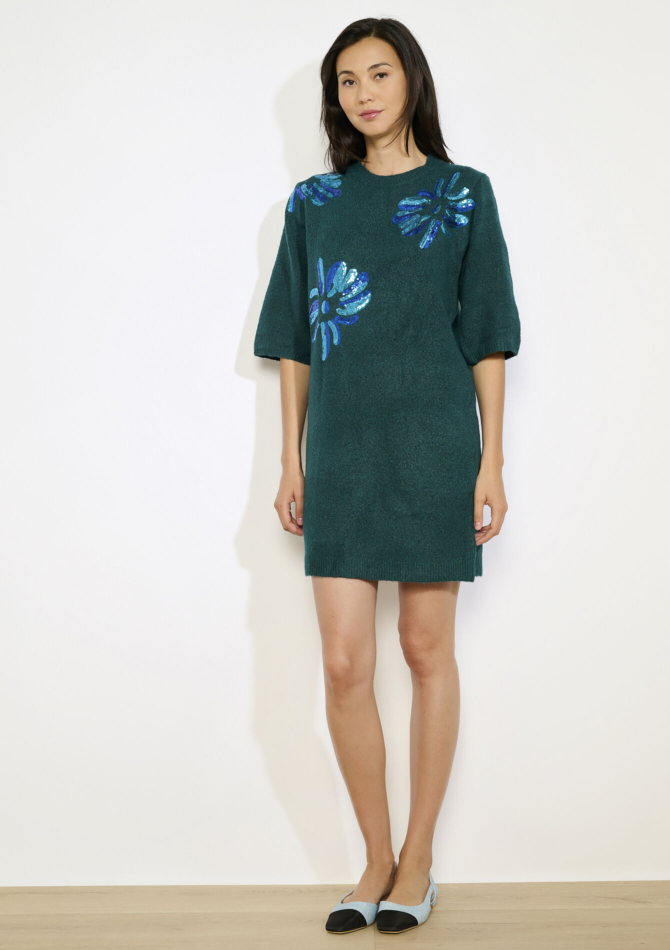 gebreide jurk met bloemenborduursel, gebreide jurk met bloemenborduursel - BOTTLE GREEN - 08104284_1778