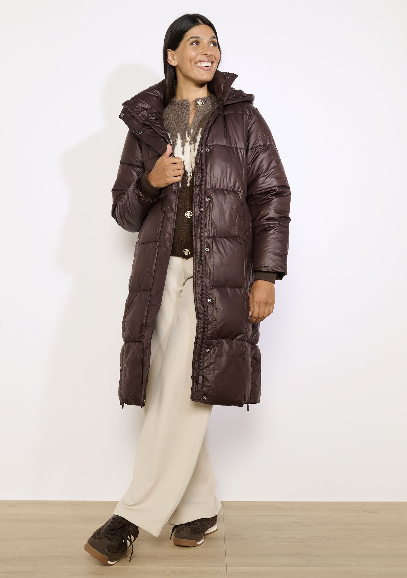 Lange gewatteerde jas, Lange gewatteerde jas - BROWN DARK CHOCOLATE - 23000775_3720