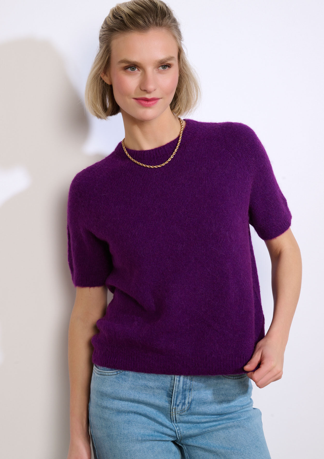 Gebreide trui met korte mouw - PURPLE - 04007206_5902