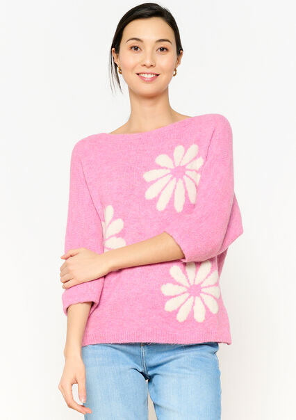 Jacquard pullover with flowers - PINK BUBBLEGUM - 04006497_1477