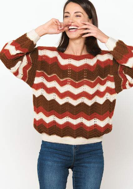 Jacquard pullover with zigzag - CAMEL CINNAMON - 04006340_3835